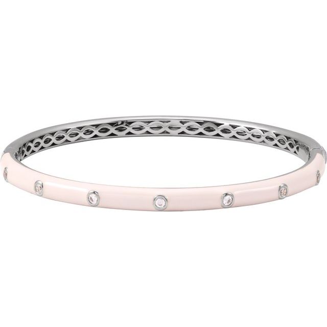 14K White Gold Round  1.9Mm I1, G-H 7 In Polished 1/5 Ctw Natural Diamond Pink Enamel Bangle Bracelet