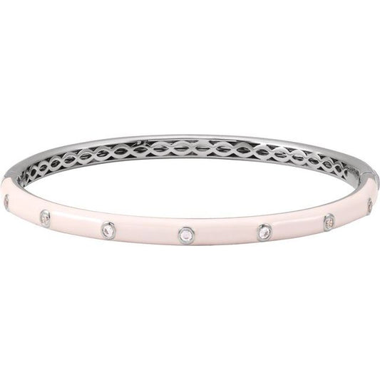 14K White Gold Round  1.9Mm I1, G-H 7 In Polished 1/5 Ctw Natural Diamond Pink Enamel Bangle Bracelet