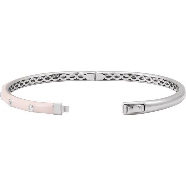 14K White Gold Round  1.9Mm I1, G-H 7 In Polished 1/5 Ctw Natural Diamond Pink Enamel Bangle Bracelet