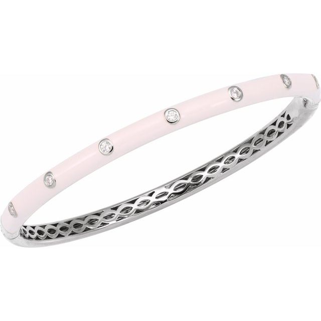 14K White Gold Round  1.9Mm I1, G-H 7 In Polished 1/5 Ctw Natural Diamond Pink Enamel Bangle Bracelet