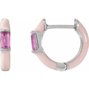 14K White Gold Pair Straight Baguette Shape 3.5 X 1.8 Mm Natural Pink Tourmaline And Pink Enamel Hinged Hoop Earrings, Length: 11 Mm, Thickness: 2.1 Mm