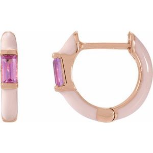 14K Rose Gold Pair Straight Baguette Shape 3.5 X 1.8 Mm Natural Pink Tourmaline And Pink Enamel Hinged Hoop Earrings, Length: 11 Mm, Thickness: 2.1 Mm