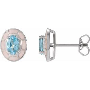 14K White Gold Oval Shape 6 X 4 Mm Natural Sky Blue Topaz And White Enamel 4-Prong Stud Earrings