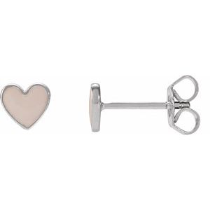 14K White Gold 5.88 Mm Pink Enamel Friction Back Heart Stud Earrings