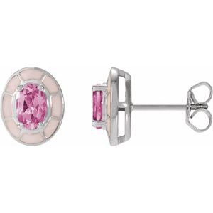 14K White Gold Oval Shape 6 X 4 Mm Natural Pink Tourmaline And Pink Enamel 4-Prong Stud Earrings