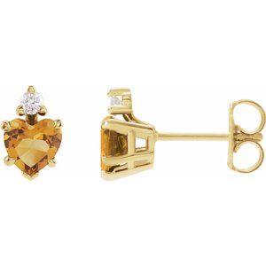 14K Yellow Gold Heart 6 X 6 Mm Natural Citrine And .06 Ctw Natural Diamond 5-Claw Prong Earrings