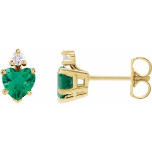 14K Yellow Gold Heart 5 X 5 Mm Lab-Grown Emerald And .06 Ctw Natural Diamond 5-Claw Prong Earrings