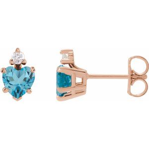 14K Rose Gold Heart 4 X 4 Mm Natural London Blue Topaz And .06 Ctw Natural Diamond 5-Claw Prong Earrings