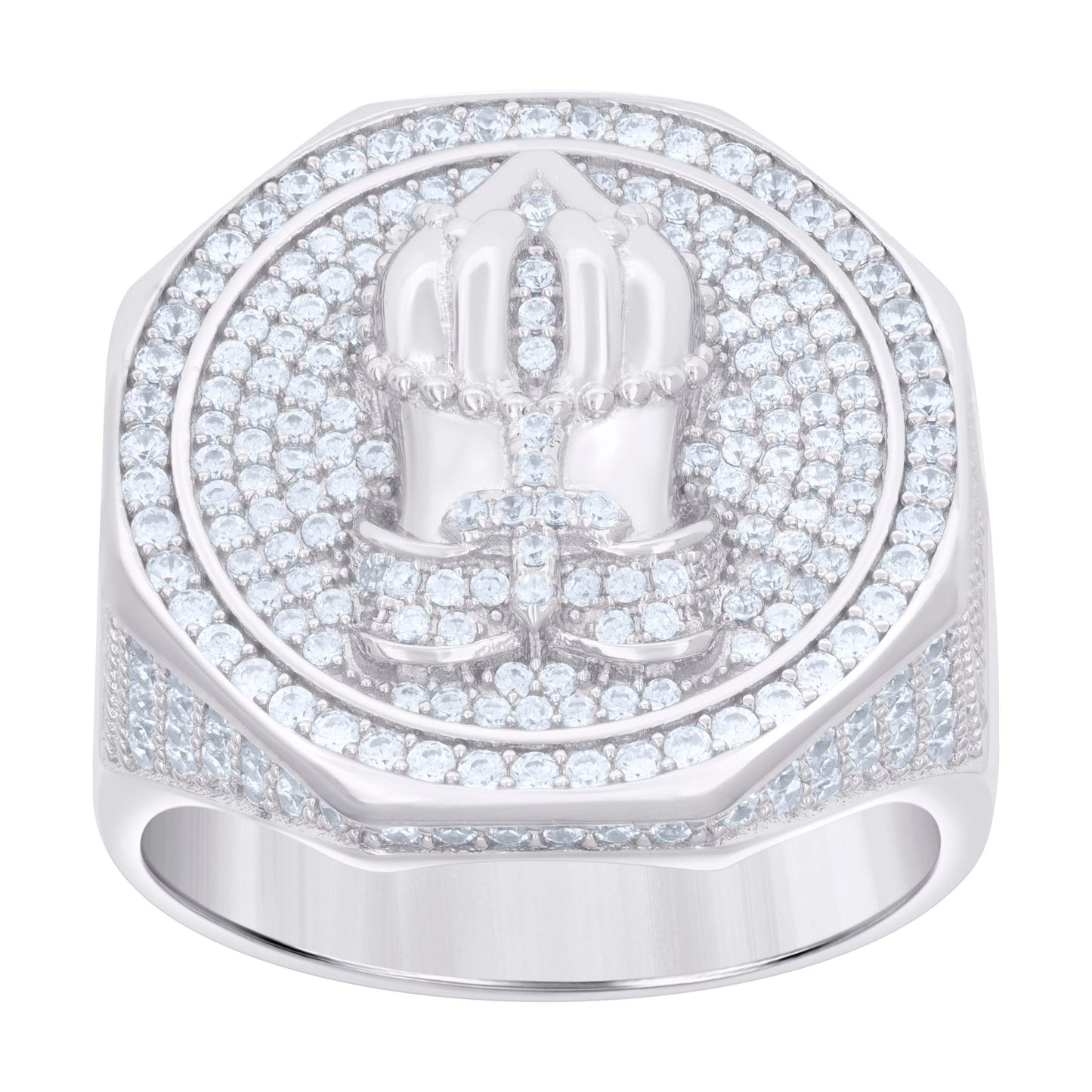 Sterling Silver Mens Cubic-Zirconia Praying Hands Symbol Religious Bridal Anniversary Wedding Engagement Band Ring