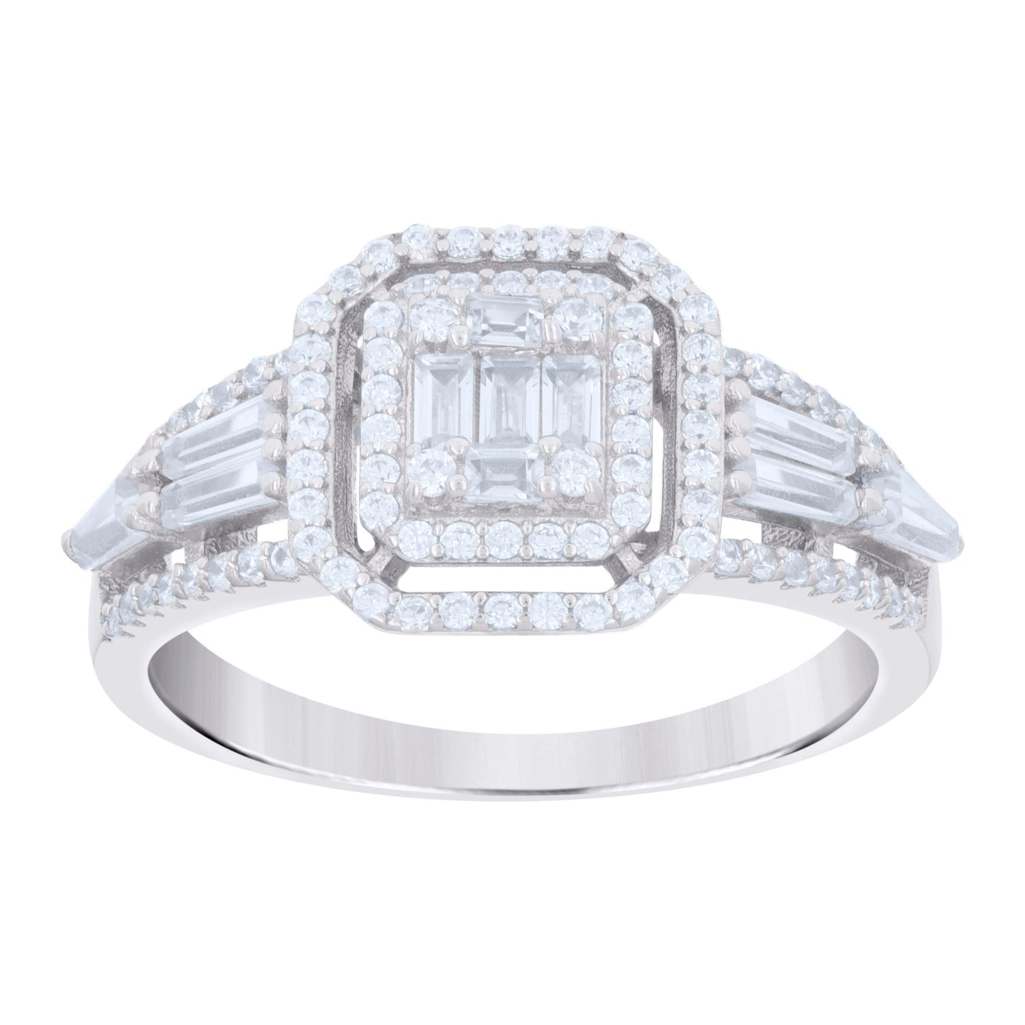 Sterling Silver Womens Baguette Round Cubic-Zirconia Octagon Head Fashion Bridal Anniversary Wedding Engagement Band Ring