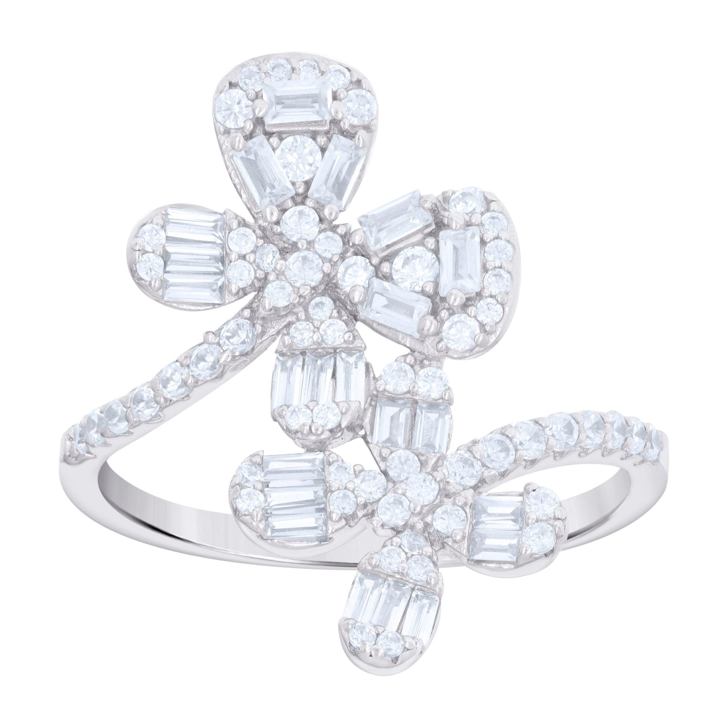 Sterling Silver Womens Baguette Round Cubic-Zirconia Flower Fashion Bridal Anniversary Wedding Engagement Band Ring