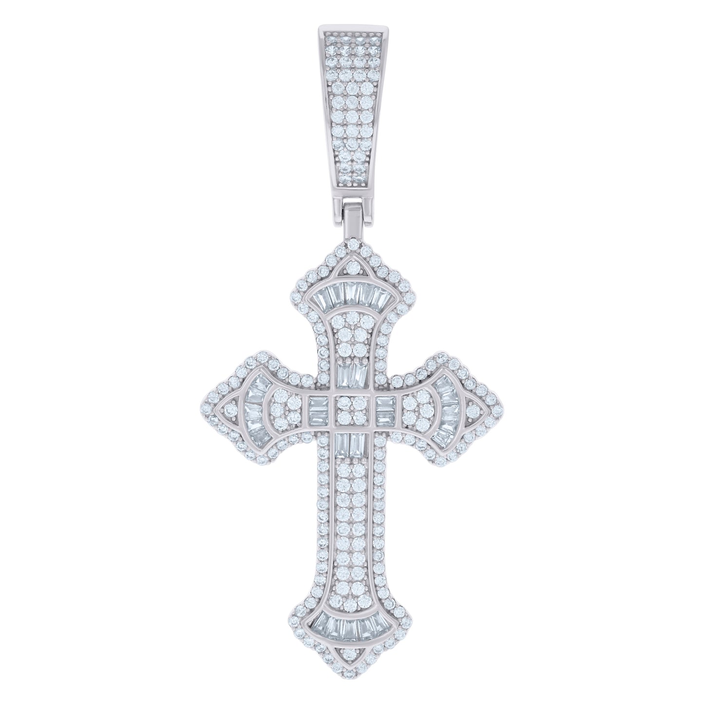 Sterling Silver Mens Baguette Round Cubic-Zirconia Cross Religious Charm Pendant