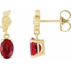 14K Yellow Gold Oval 6 X 4 Mm Lab Grown Ruby Floral Dangle Earrings