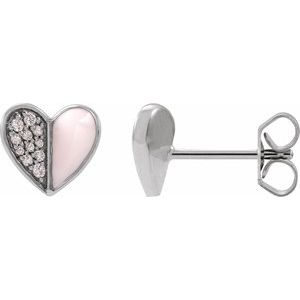 14K White Gold Round 1.2 Mm 1/10 Ctw Natural Diamond Pink Enamel Heart Earrings