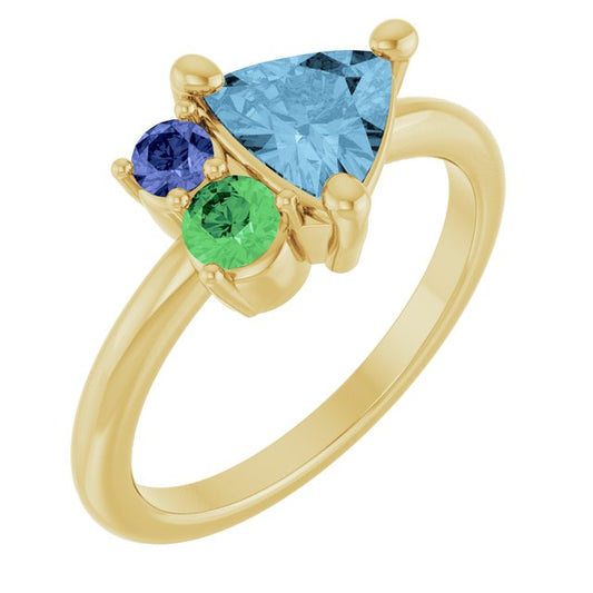 14K Yellow Gold Trillion 7 X 7 X 7 Mm Polished Multi-Gemstone Cluster Ring, Size 7