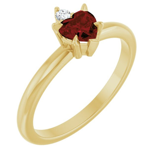 14K Yellow Gold Heart 5 X 5 Mm Polished Natural Mozambique Garnet And .03 Ct Natural Diamond Ring, Size 7