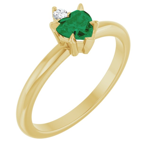 14K Yellow Gold Heart 5 X 5 Mm Polished Lab-Grown Emerald And .03 Ct Natural Diamond Ring, Size 7