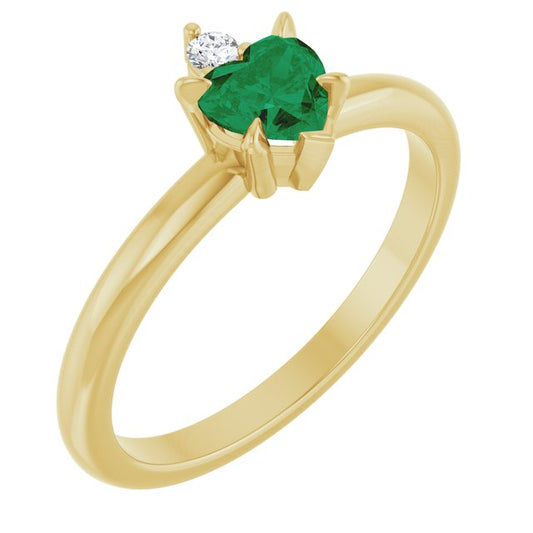 14K Yellow Gold Heart 5 X 5 Mm Polished Lab-Grown Emerald And .03 Ct Natural Diamond Ring, Size 7