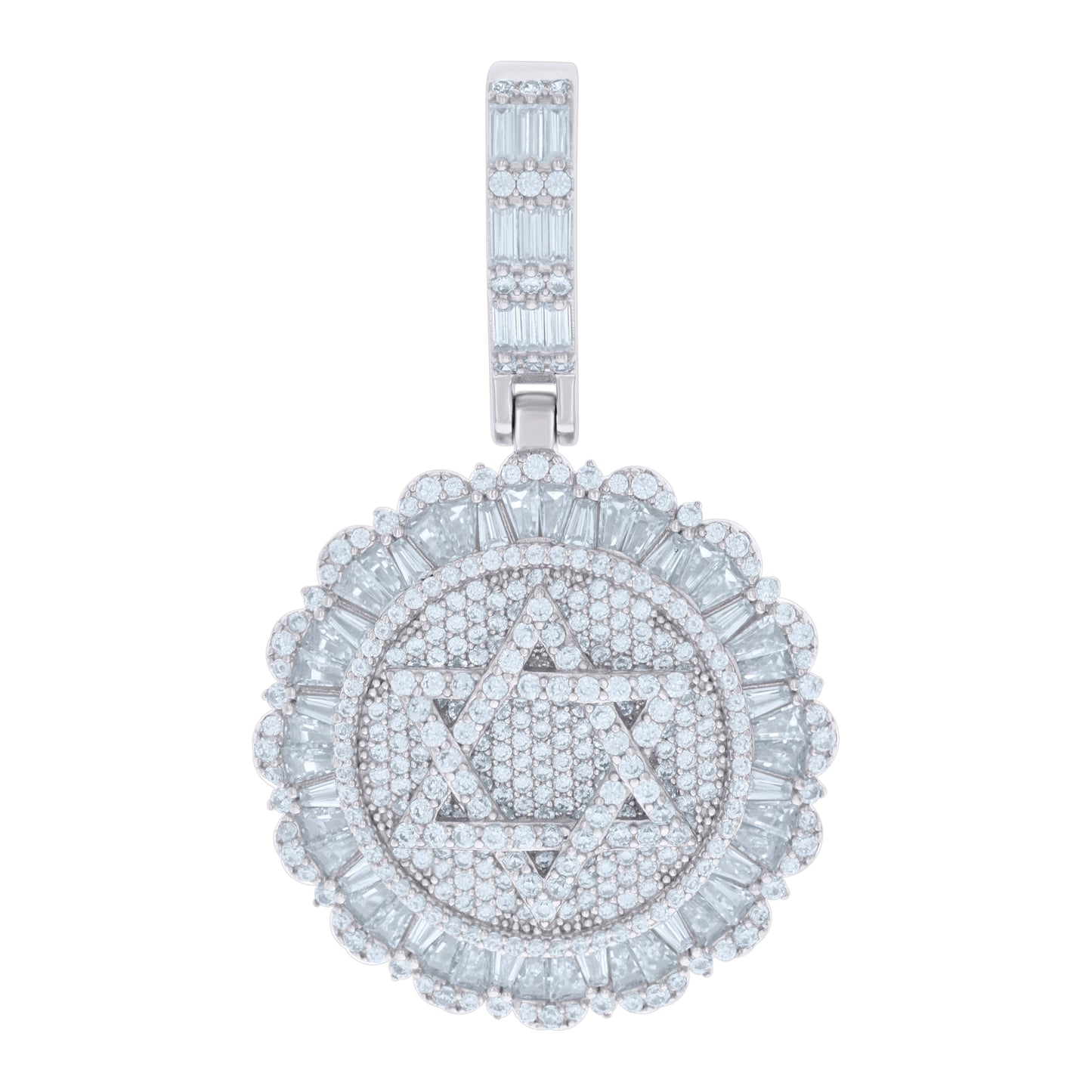 Sterling Silver Mens Baguette Round Cubic-Zirconia Star Of David Symbol Religious Charm Pendant