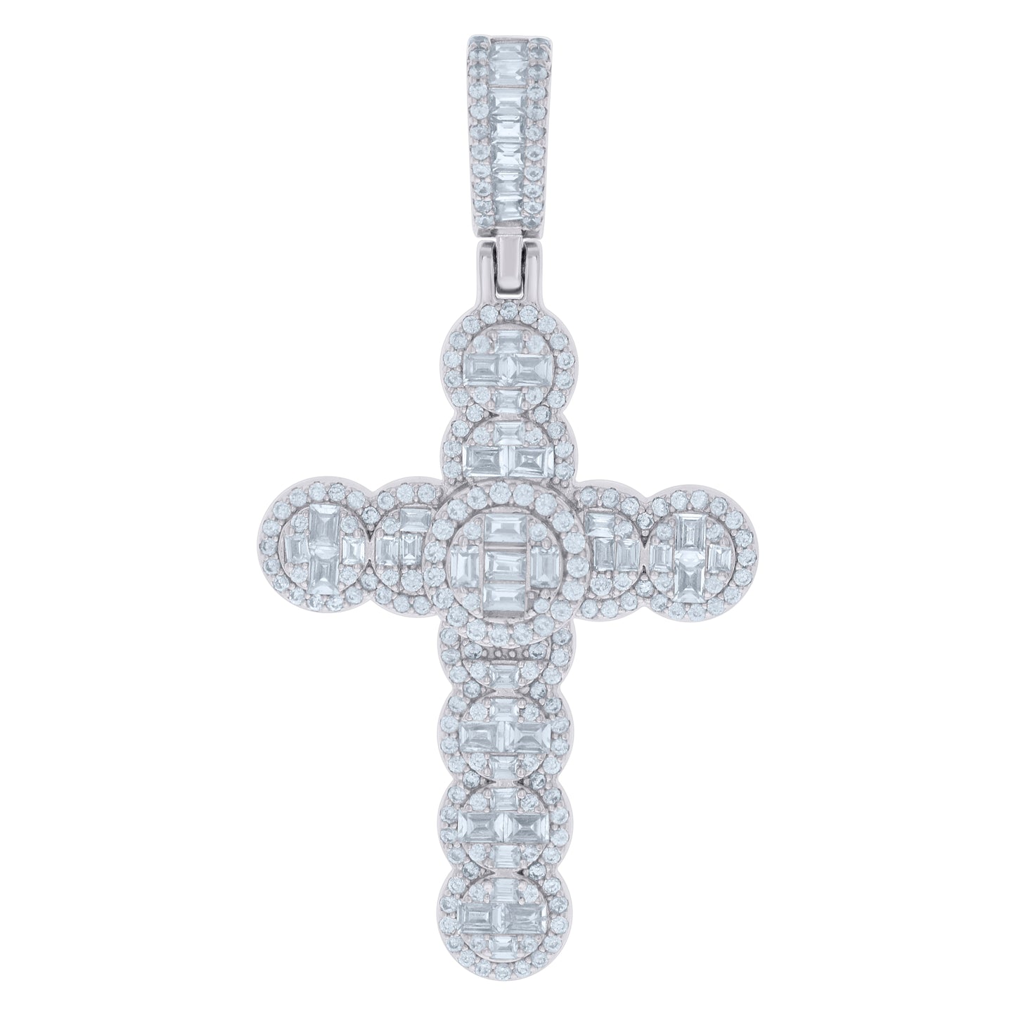 Sterling Silver Mens Baguette Round Cubic-Zirconia Cross Religious Charm Pendant