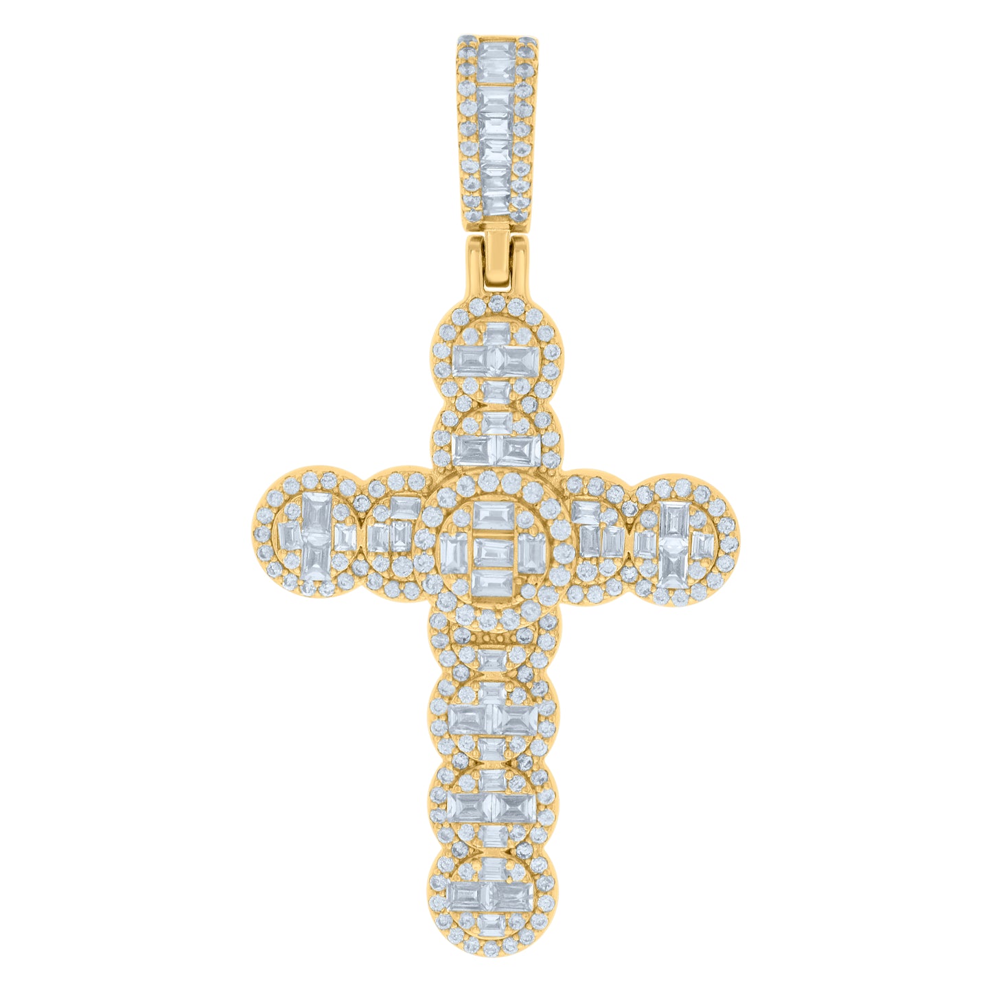 Sterling Silver Mens Baguette Round Cubic-Zirconia Cross Religious Charm Pendant