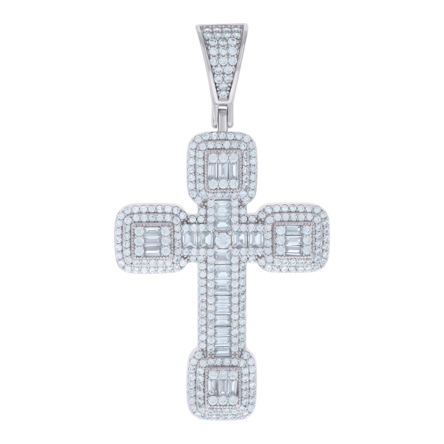 Sterling Silver Mens Baguette Round Cubic-Zirconia Cross Religious Charm Pendant