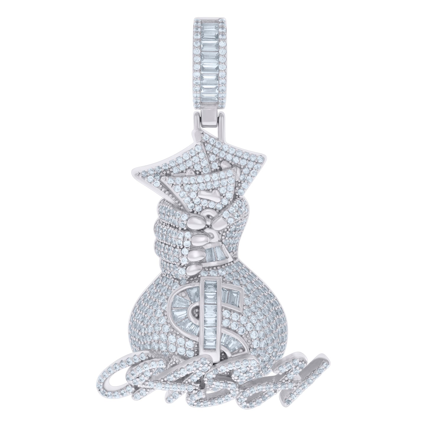 Sterling Silver Mens Baguette Round Cubic-Zirconia Money Bag Currency Fashion Charm Pendant