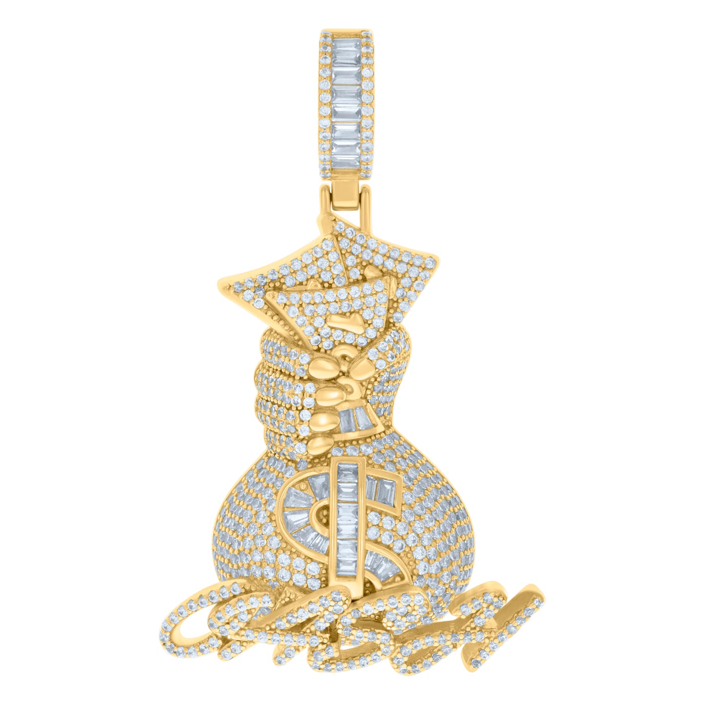 Sterling Silver Mens Baguette Round Cubic-Zirconia Money Bag Currency Fashion Charm Pendant