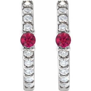 14K White Gold Pair Round Shape 2Mm I1, Gh Natural Ruby And 1/8 Ctw Natural Diamond Huggie Earrings, Length: 13.6 Mm, Thickness: 2 Mm