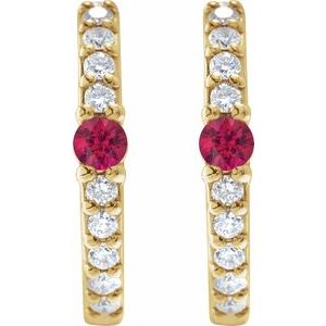 14K Yellow Gold Pair Round Shape 2Mm I1, Gh Natural Ruby And 1/8 Ctw Natural Diamond Huggie Earrings, Length: 13.6 Mm, Thickness: 2 Mm