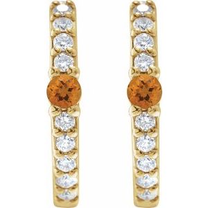 14K Yellow Gold Pair Round Shape 2Mm I1, Gh Natural Citrine And 1/8 Ctw Natural Diamond Huggie Earrings, Length: 13.6 Mm, Thickness: 2 Mm