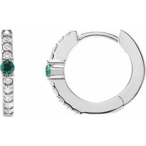 14K White Gold Pair Round Shape 2Mm I1, Gh Natural Emerald And 1/8 Ctw Natural Diamond Huggie Earrings, Length: 13.6 Mm, Thickness: 2 Mm