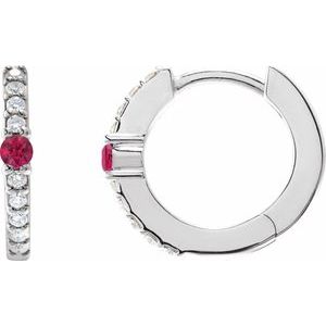 14K White Gold Pair Round Shape 2Mm I1, Gh Natural Ruby And 1/8 Ctw Natural Diamond Huggie Earrings, Length: 13.6 Mm, Thickness: 2 Mm