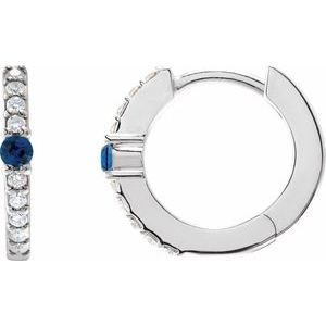 14K White Gold Pair Round Shape 2Mm I1, Gh Lab-Grown Blue Sapphire And 1/8 Ctw Natural Diamond Huggie Earrings, Length: 13.6 Mm, Thickness: 2 Mm