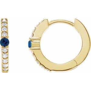 14K Yellow Gold Pair Round Shape 2Mm I1, Gh Natural Blue Sapphire And 1/8 Ctw Natural Diamond Huggie Earrings, Length: 13.6 Mm, Thickness: 2 Mm