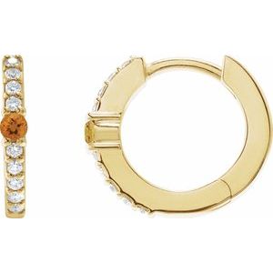 14K Yellow Gold Pair Round Shape 2Mm I1, Gh Natural Citrine And 1/8 Ctw Natural Diamond Huggie Earrings, Length: 13.6 Mm, Thickness: 2 Mm