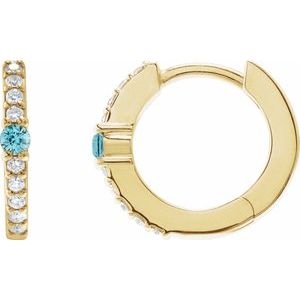 14K Yellow Gold Pair Round Shape 2Mm I1, Gh Natural Blue Zircon And 1/8 Ctw Natural Diamond Huggie Earrings, Length: 13.6 Mm, Thickness: 2 Mm