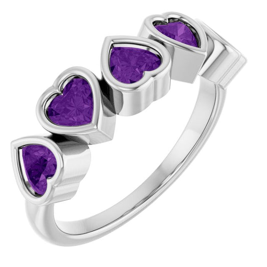 Sterling Silver Heart 4 X 4 Mm Polished Natural Amethyst Bezel Set Ring, Size 7
