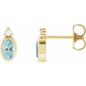14K Yellow Gold Oval 5 X 3 Mm Natural Aquamarine And .03 Ctw Natural Diamond Earrings