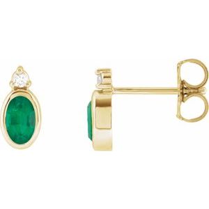 14K Yellow Gold Oval 5 X 3 Mm Lab-Grown Emerald And .03 Ctw Natural Diamond Earrings