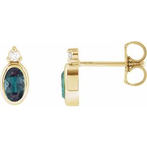 14K Yellow Gold Oval 5 X 3 Mm Lab-Grown Alexandrite And .03 Ctw Natural Diamond Earrings
