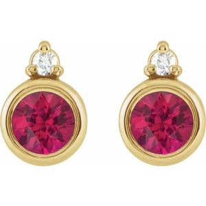 14K Yellow Gold Round 4 Mm Lab-Grown Ruby And .03 Ctw Natural Diamond Earrings