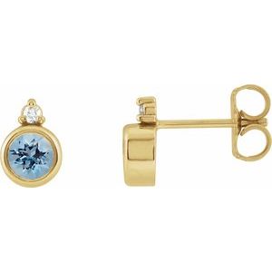 14K Yellow Gold Round 4 Mm Natural Aquamarine And .03 Ctw Natural Diamond Earrings
