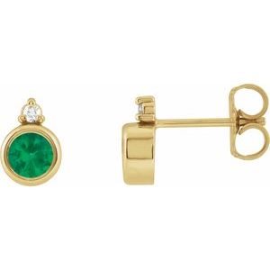 14K Yellow Gold Round 4 Mm Natural Emerald And .03 Ctw Natural Diamond Earrings