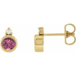14K Yellow Gold Round 4 Mm Natural Pink Tourmaline And .03 Ctw Natural Diamond Earrings
