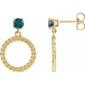 14K Yellow Gold Round 4 Mm Natural London Blue Topaz Chain Link Earrings