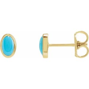 14K Yellow Gold Oval Shape 5 X 3 Mm Natural Cabochon Turquoise Bezel Earrings