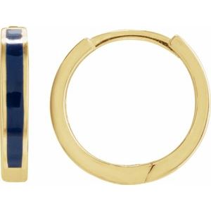 14K Yellow Gold 12.1 Mm Navy Blue Enamel Hoop Earrings, Thickness: 2 Mm