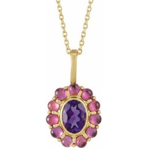 14K Yellow Gold Oval 7 X 5 Mm  Natural Amethyst And Natural Rhodolite Garnet Cabochon Halo-Style Necklace, Length: 18 In