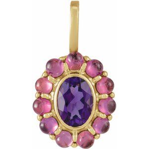 14K Yellow Gold Oval 7 X 5 Mm Natural Amethyst And Natural Cabochon Rhodolite Garnet Halo-Style Pendant